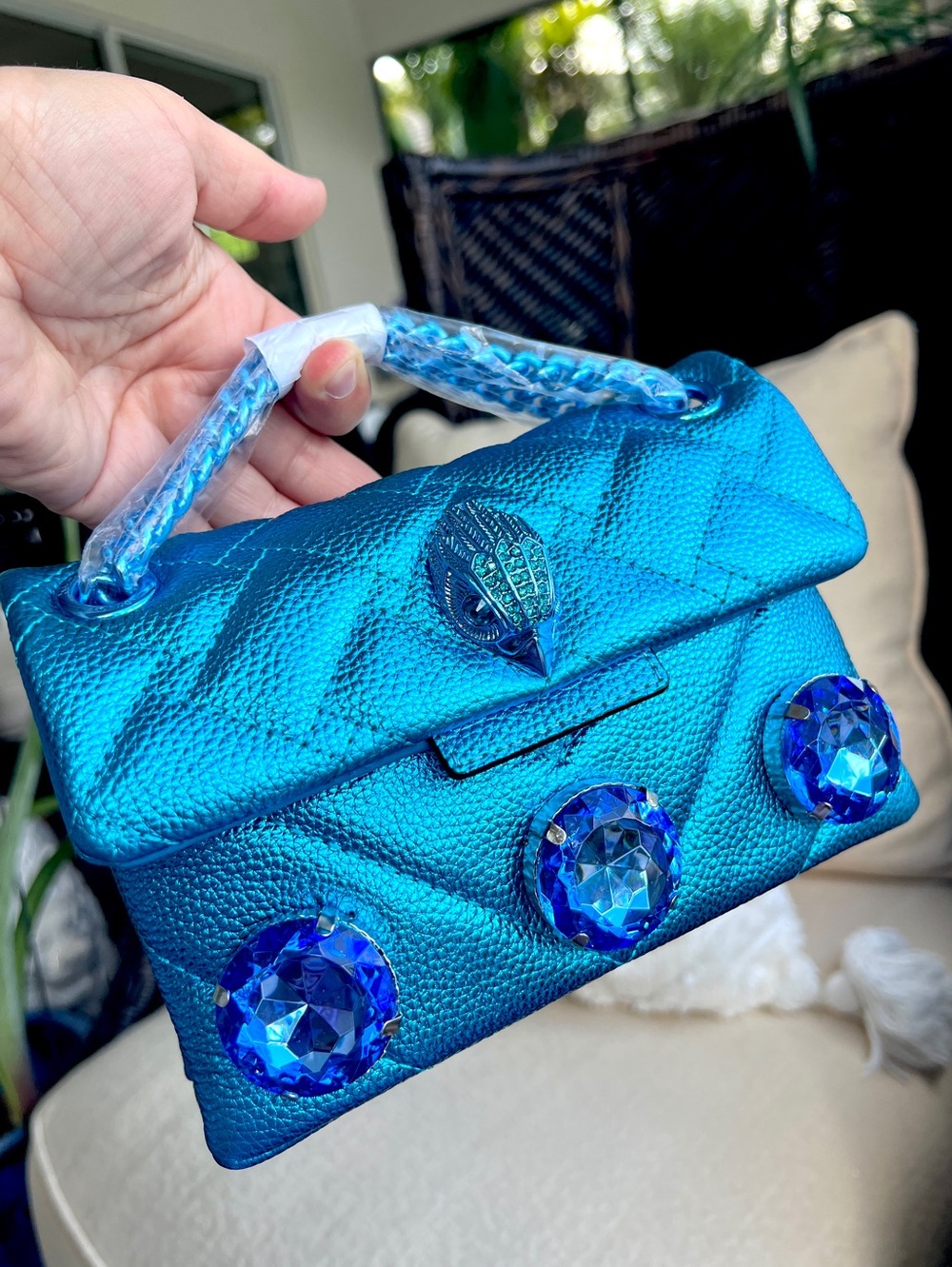 KURT GEIGER LONDON Kensington Drench metallic jeweled crossbody bag blue